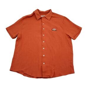 Takepride Shirt Mens L Orange Short Sleeve Collar Embroidered Cotton Button Up